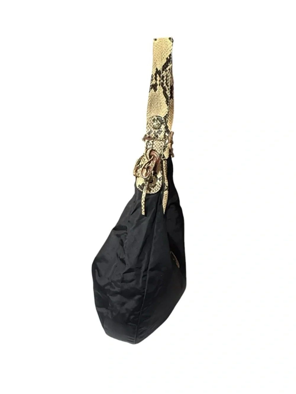 Kate Spade Nylon Black Hobo Shoulder Bag with Gold Snake-Print Trim
